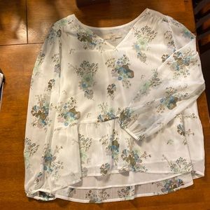 NWT LOFT Babydoll Blouse or Shirt, Size Large Petite, White with Flower Detail